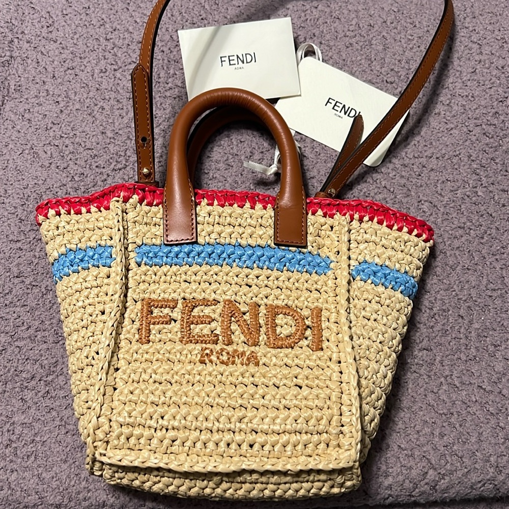 Fendi Sunshine Mini Raffia & Leather Tote.